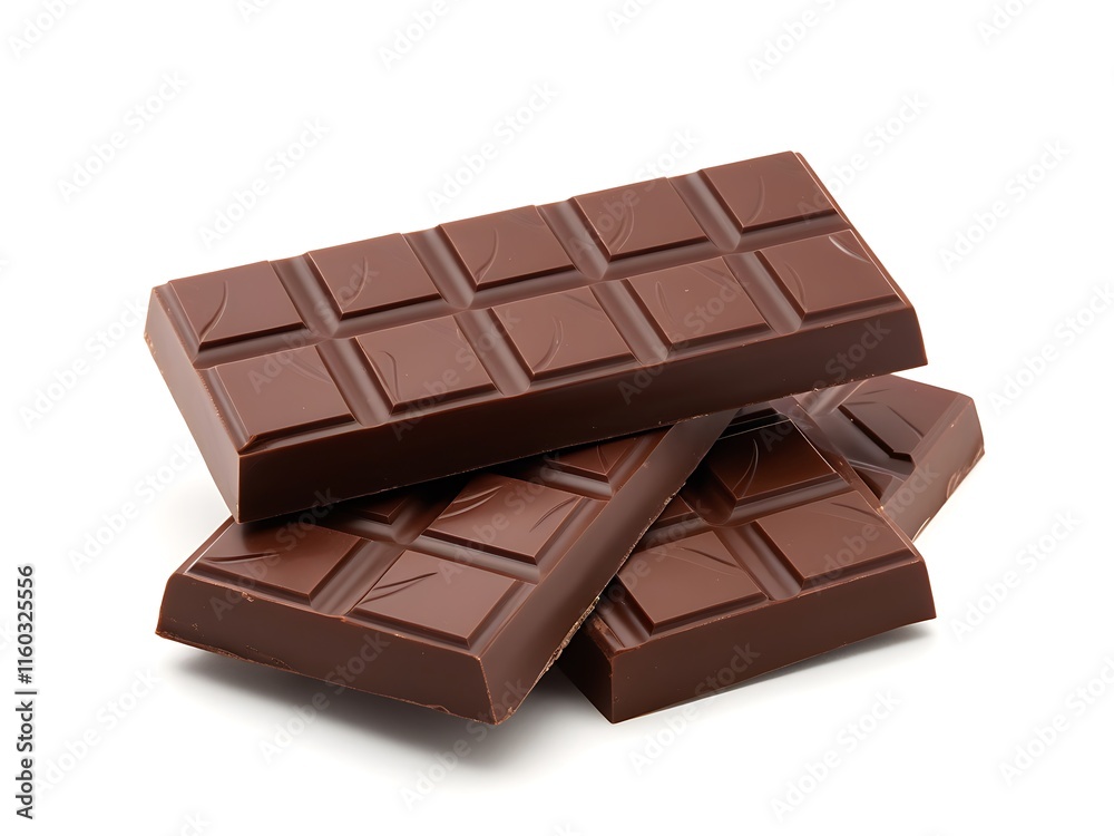 A close up on delicious chocolate stacked in pieces on white background A close up on delicious chocolate stacked in pieces on white background