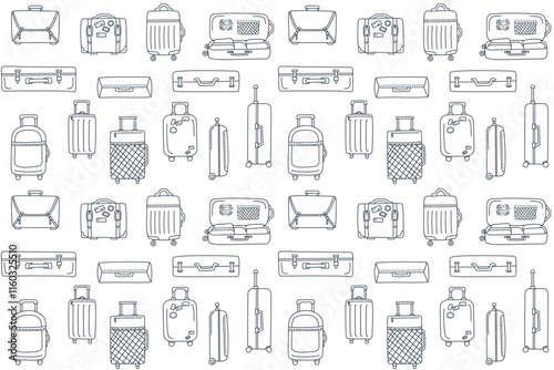 Travel seamless pattern of suitcases in line art style. Concept of travel, vacation, business trip. Vector hand drawn background.