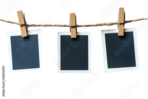 Wallpaper Mural Three blank photo frames hanging on a clothesline isolated on transparent background Torontodigital.ca