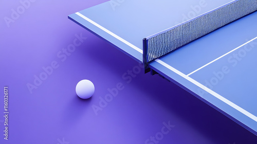 Table Tennis Racket and Ball Overhead Close-Up on Light Purple Background, Concept Art with Spacious White Area.