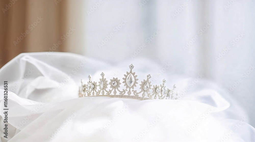 Fototapeta premium A wedding tiara and dress over table
