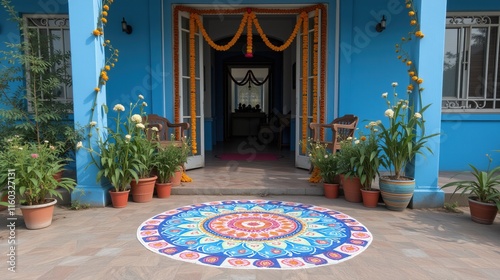 Festive blue doorway with marigold garlands and colorful rangoli photo