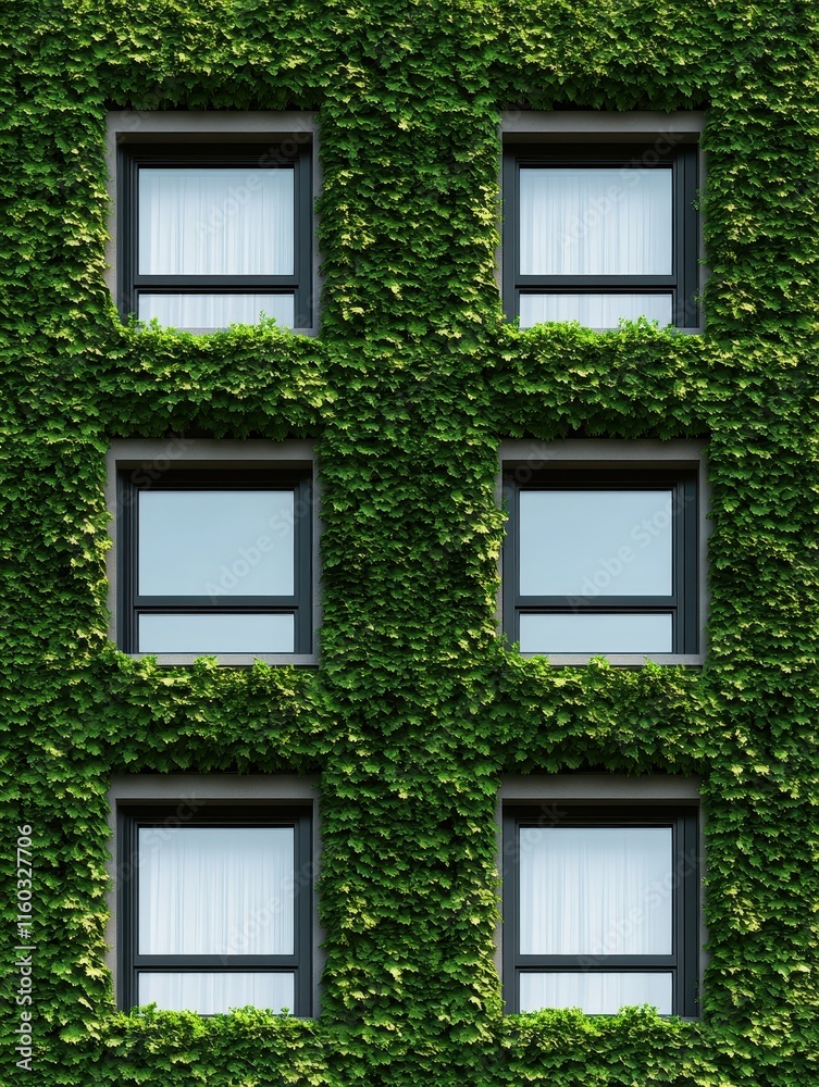 Lush green ivy-covered building facade urban city architecture modern environment eye-level viewpoint Lush green ivy-covered building facade urban city architecture modern environment eye-level viewpoint