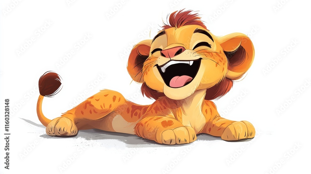 A cheerful, animated lion cub lounges playfully, exuding joy and friendliness with a big smile and bright, expressive eyes. A cheerful, animated lion cub lounges playfully, exuding joy and friendliness with a big smile and bright, expressive eyes.