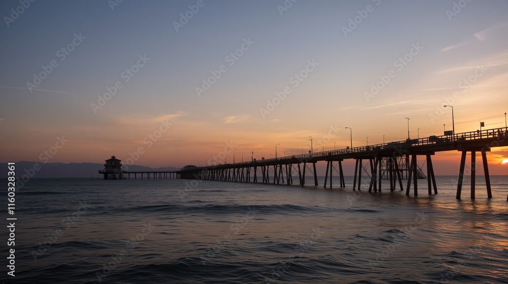 Obraz premium Sunset over ocean pier with dramatic clouds