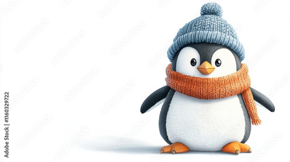 Fototapeta premium A cute, cartoon-style penguin wearing a blue hat and orange scarf, standing against a light background, exuding a playful and cozy vibe.