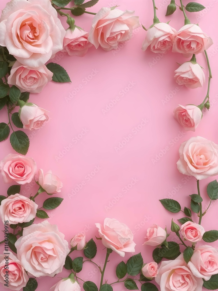Rose flowers border on pink background Rose flowers border on pink background