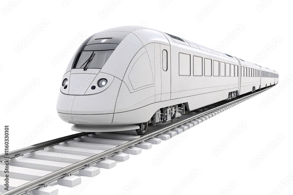 Naklejka premium A pristine white high-speed train with streamlined design on metallic tracks, embodying efficiency, speed, and modern transportation technology, isolated on a transparent background