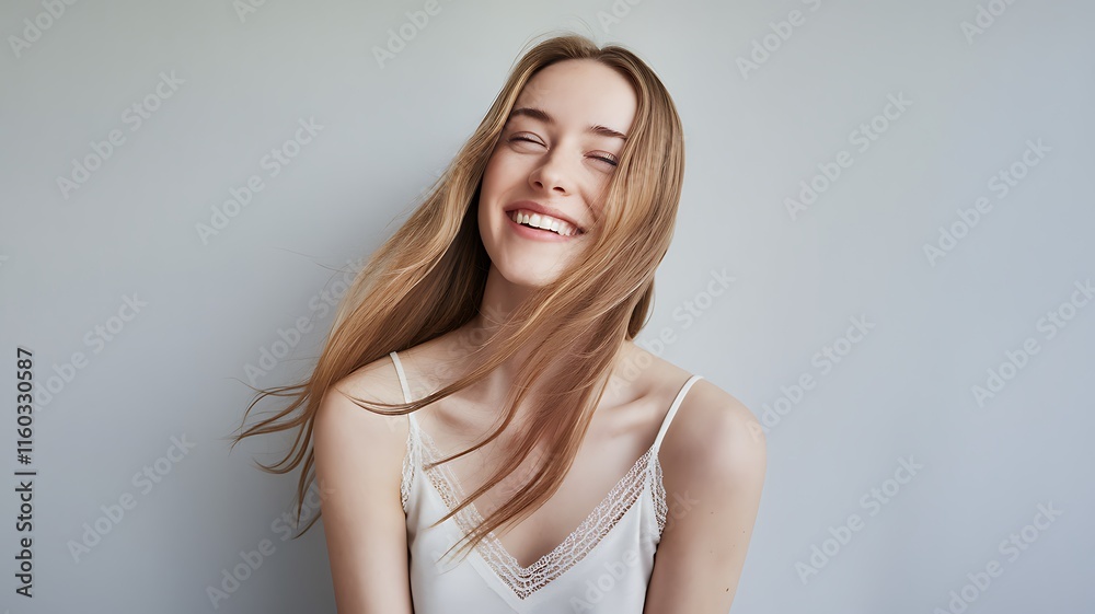 Fototapeta premium Smiling Young Woman With Flowing Hair in a Studio