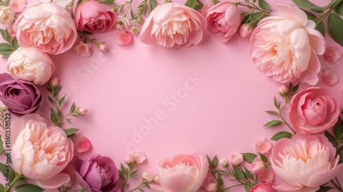 Peonies and roses arranged on soft pink background.