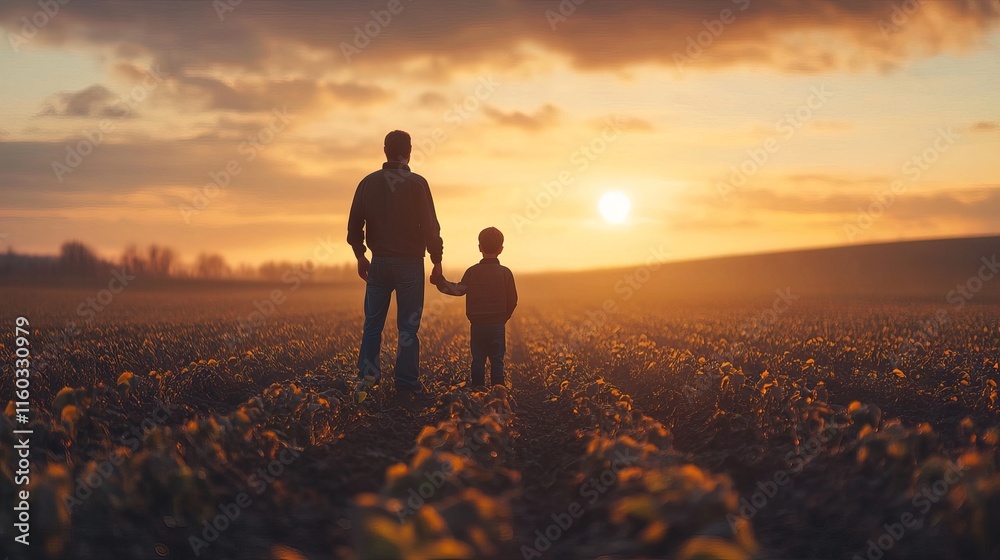 Farmer and son standing together against a vibrant sunset in lush agricultural countryside – celebrating fatherhood, country life, and farming lifestyle