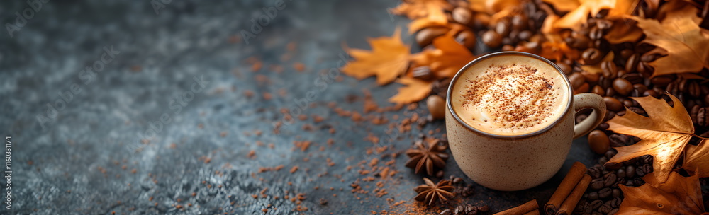 Cup of delicious hot chocolate or cocoa with cinnamon on grey autumn background with yellow fallen leaves and coffee beans. Cozy sweet seasonal drink. Scandinavian hygge style. Flat lay, top view with Cup of delicious hot chocolate or cocoa with cinnamon on grey autumn background with yellow fallen leaves and coffee beans. Cozy sweet seasonal drink. Scandinavian hygge style. Flat lay, top view with