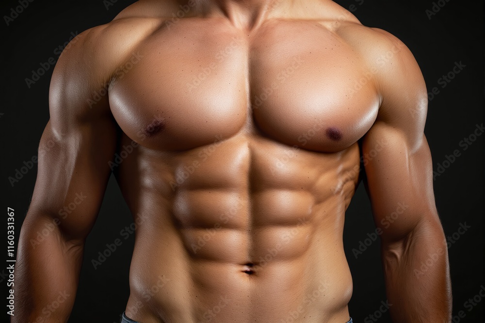 Fototapeta premium Close-up of a muscular male torso showcasing defined abs and chest muscles, captured in realistic detail against a dark background. Fitness concept. Ai generative
