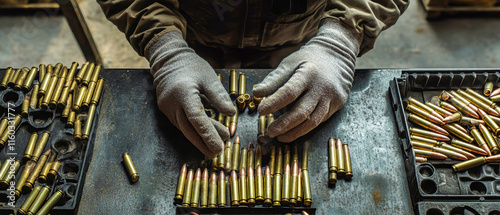 Crafting precision amid a landscape of 5.56mm cartridges on a rustic black table photo