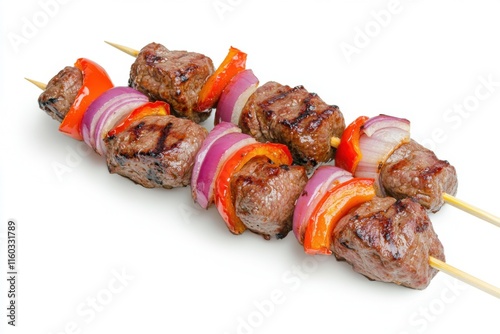 Delicious Grilled Beef Kebabs with Red Onion and Bell Pepper photo