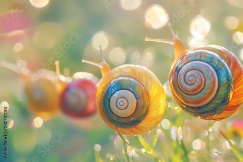 A close-up shot of Polymita picta snails with their vibrant shells glistening under soft sunlight. photo