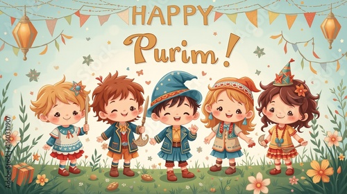 Cartoon kids in costumes celebrating Purim outdoors.