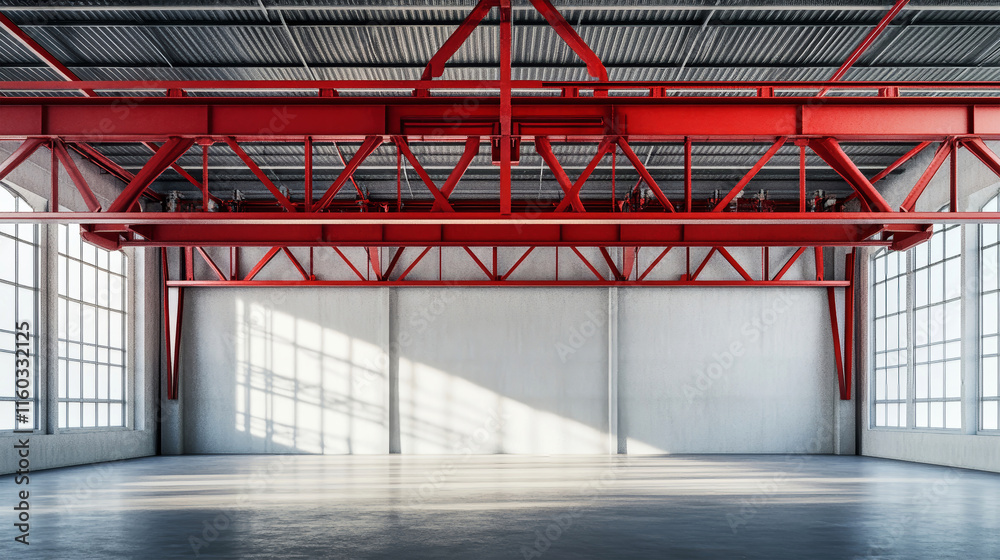 Fototapeta premium Red steel beam structure with air conditioning pipes in an industrial warehouse interior under bright daylight