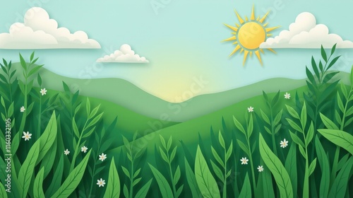  Paper-cut forest scene with trees, grass, and clouds.