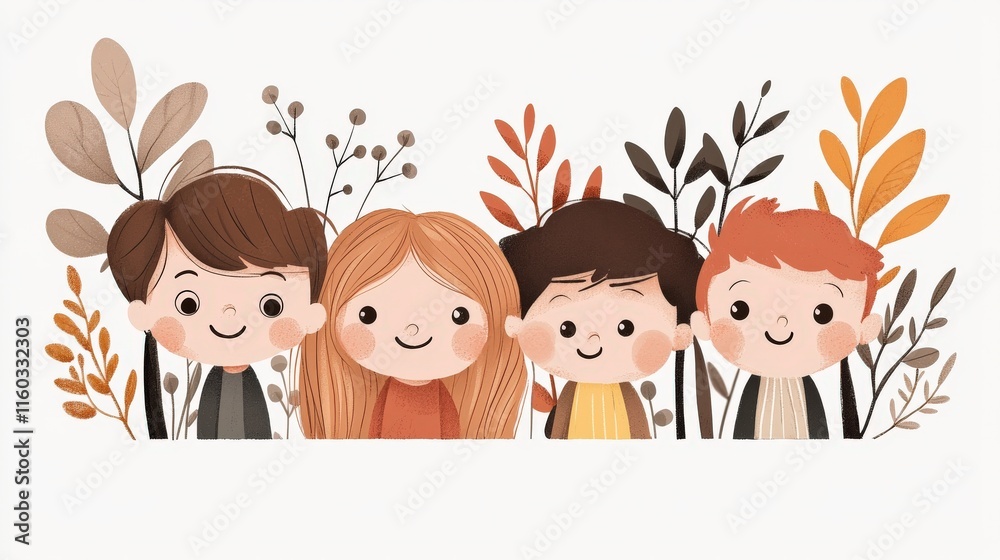 Cheerful Cartoon Children Surrounded by Colorful Leaves and Nature Elements Cheerful Cartoon Children Surrounded by Colorful Leaves and Nature Elements