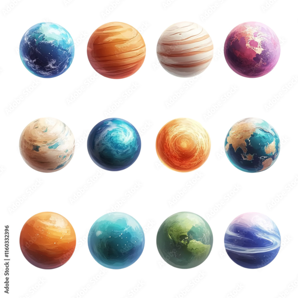 Cartoon 3D Planets Set, Fictional Worlds, Isolated, on transparent background Digital Art and Colorful Space Cartoon 3D Planets Set, Fictional Worlds, Isolated, on transparent background Digital Art and Colorful Space