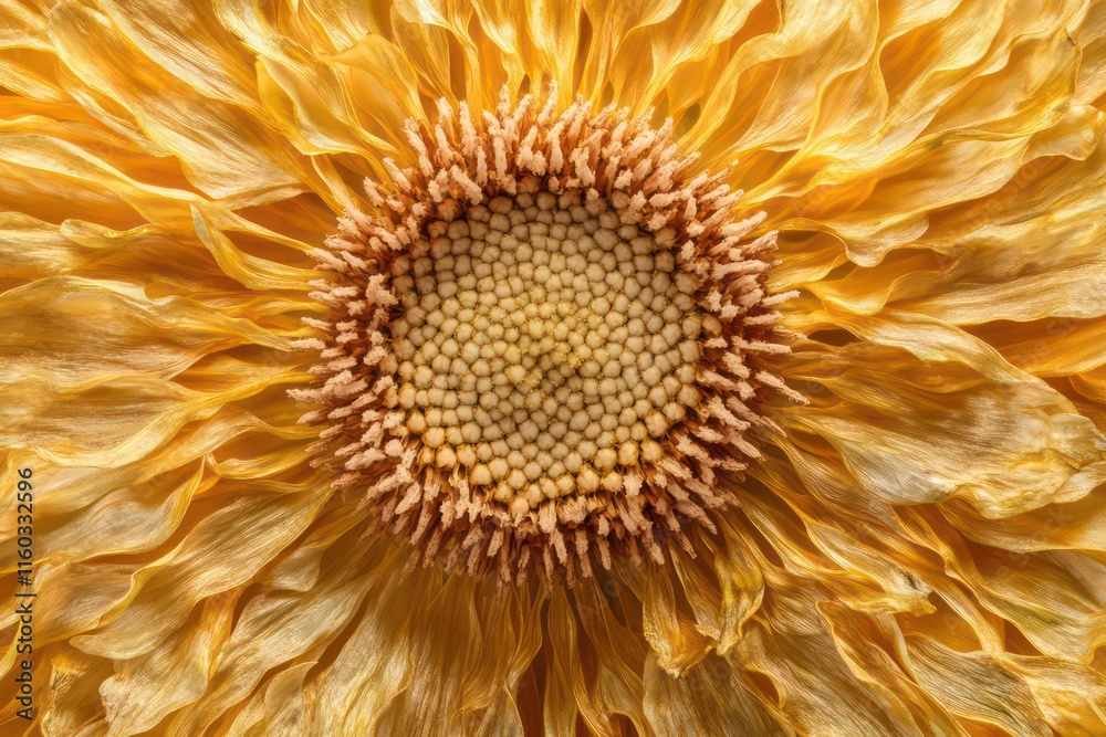 A closeup view of the central disc and petals of a chrysanthemum, emphasizing fine textures and vibrant hues. A closeup view of the central disc and petals of a chrysanthemum, emphasizing fine textures and vibrant hues.