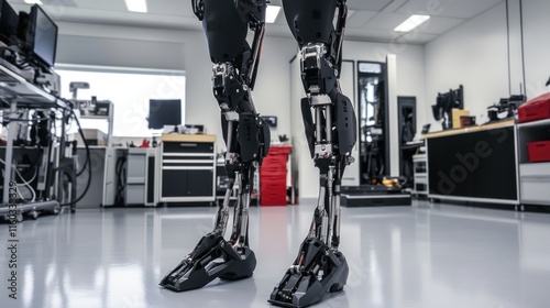 A pair of robotic legs featuring complex mechanical joints, carbon fiber detailing, and seamless integration of technology, standing in a high-tech workshop. photo