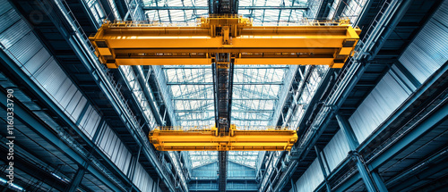 Dynamic overhead crane capturing industrial elegance in a modern hangar with a sleek steel structure