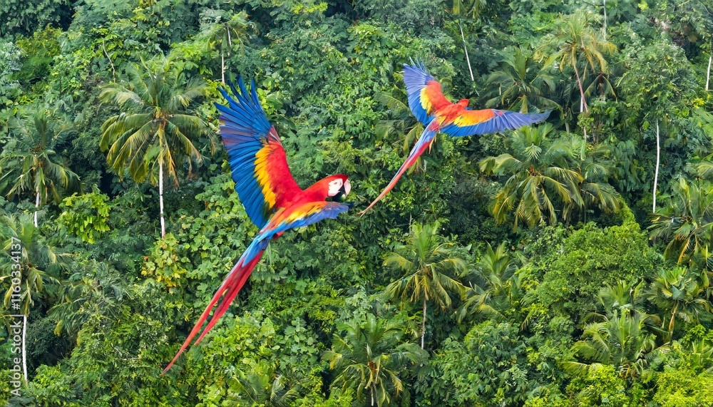 Fototapeta premium Vivid Scarlet Macaws Soaring Over a Dense Tropical Rainforest
