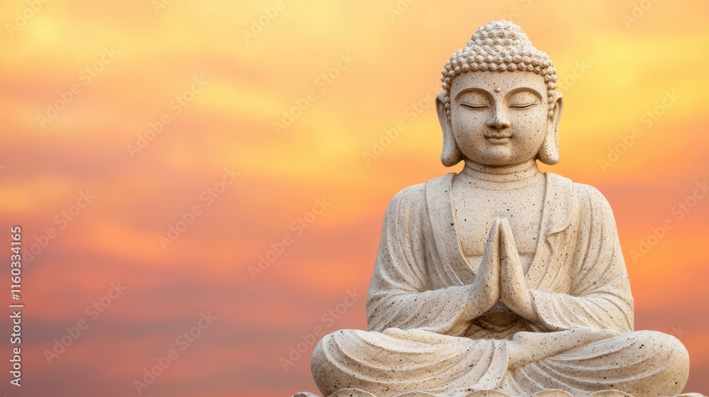 Obraz premium Serene Buddha Statue in Meditative Pose Against a Beautiful Sunset Sky