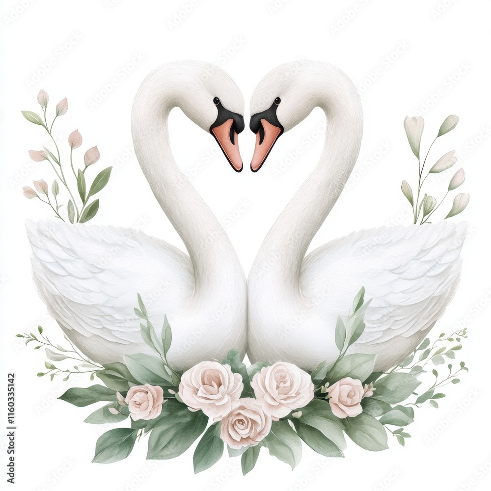 Obraz premium Two elegant swans form a heart shape, surrounded by soft greenery and delicate roses, symbolizing love and harmony.