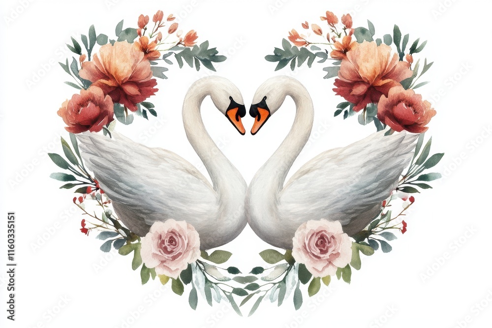 Obraz premium Two elegant swans form a heart shape, surrounded by beautiful flowers, symbolizing love and harmony.