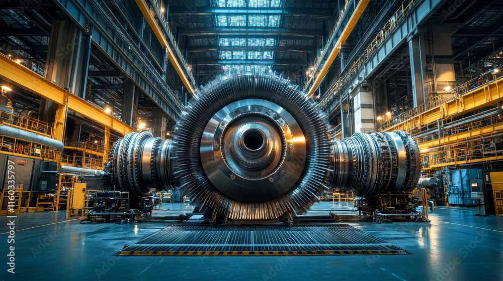 Impressive steam turbine engine in a modern power plant showcasing advanced manufacturing techniques and industrial design Impressive steam turbine engine in a modern power plant showcasing advanced manufacturing techniques and industrial design
