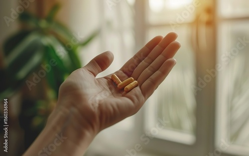 Closeup of hand holding yellow pills. Copy space, bokeh, defocused background. Sustainable health pragmatism concept. Sensible practicality, balanced wellness, pragmatic maintenance