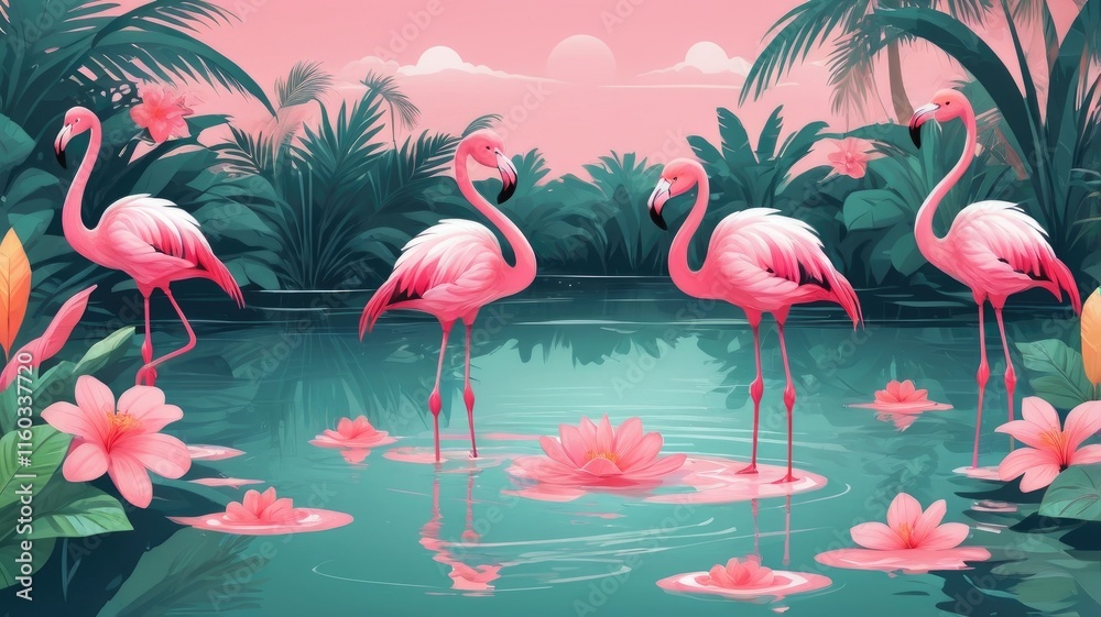 Obraz premium pink wallpaper illustration,Cartoon flamingos wading in a pink tropical pond