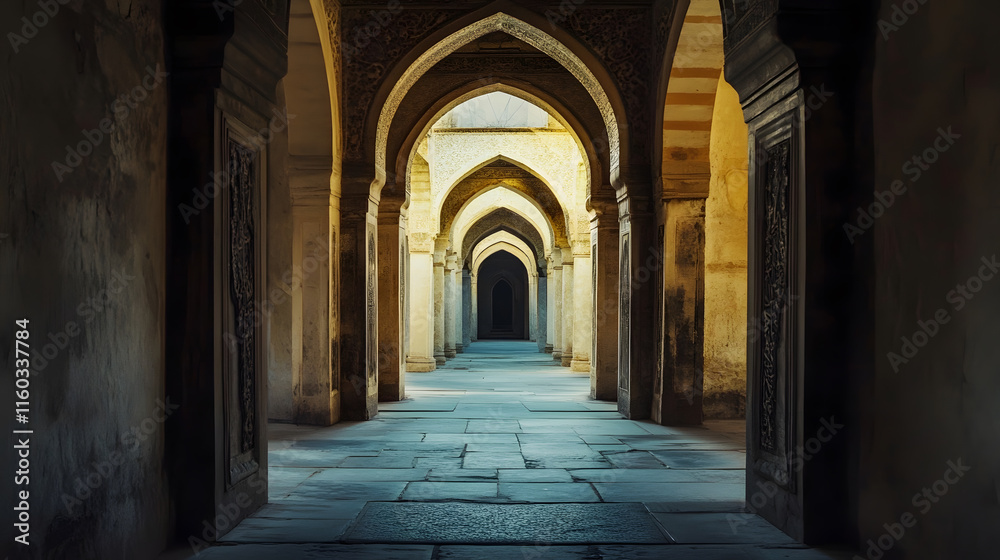 Ancient Architectural Corridor with Symmetrical Arches and Soft Sunlight Shadows : Generative AI Ancient Architectural Corridor with Symmetrical Arches and Soft Sunlight Shadows : Generative AI