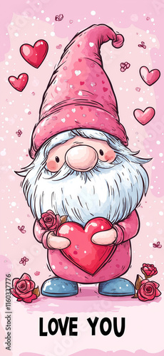 Cartoon style illustration of an cute adorable dwarf or gnome holding a heart. Valentine's day banner. I love you greeting card template