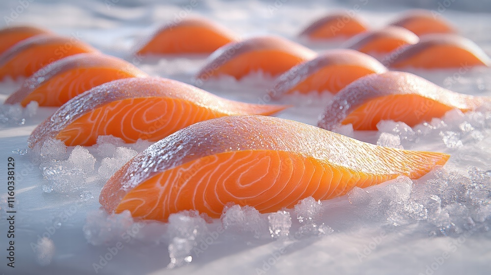 Fresh Salmon Fillets on Ice for Seafood Culinary Presentation Fresh Salmon Fillets on Ice for Seafood Culinary Presentation