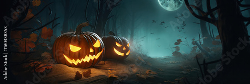 Two glowing pumpkins forest evening night time Halloween fantasy backdrop treat photo