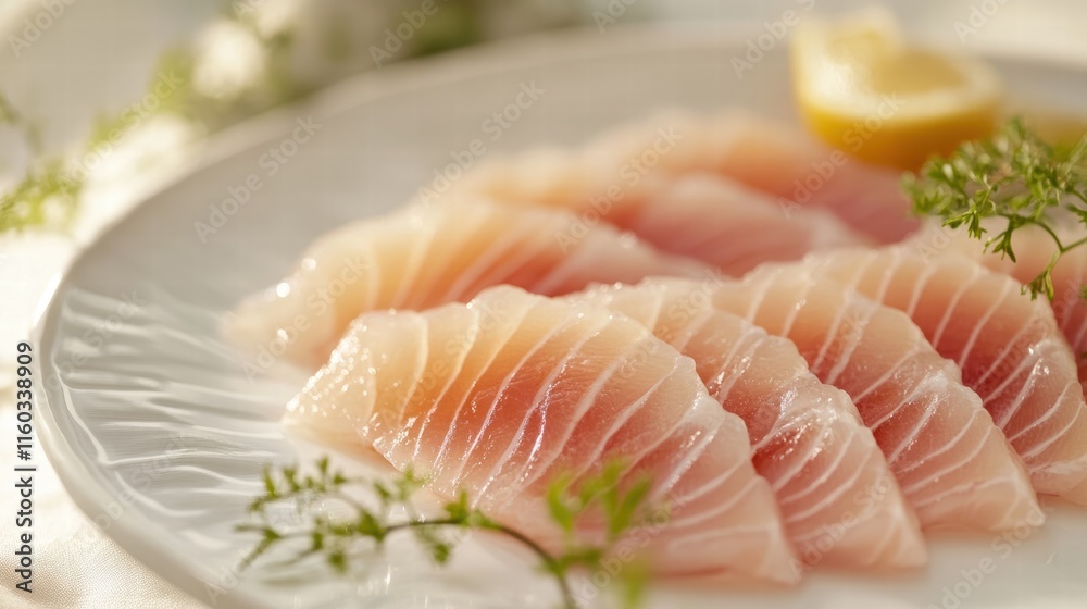 Freshly Sliced Fish Sashimi with Lemon and Herbs on Plate Freshly Sliced Fish Sashimi with Lemon and Herbs on Plate