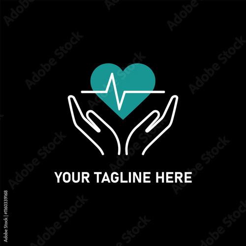 Healthcare Heartbeat Icon with Hands and Placeholder Tagline on Black Background