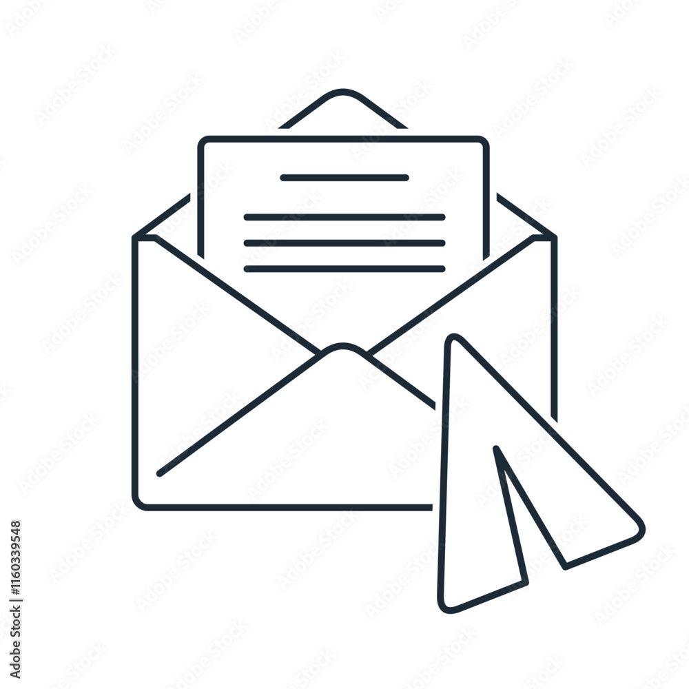 Open mail envelope with paper plane. Sending messages, notifications. Email marketing.Vector linear icon isolated on white background. Open mail envelope with paper plane. Sending messages, notifications. Email marketing.Vector linear icon isolated on white background.