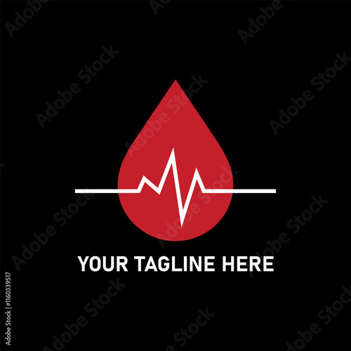 Blood drop with heartbeat line icon for donation and healthcare on black background