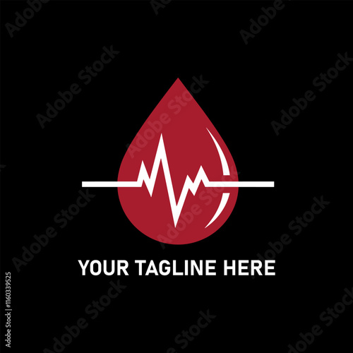 Blood drop with heartbeat line icon for donation and healthcare on black background