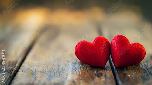 Wallpaper Mural Two red hearts on rustic wooden surface conveying love and timeless romance : Generative AI Torontodigital.ca