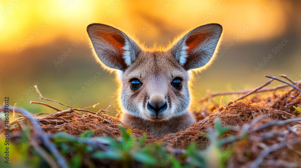 Fototapeta premium Adorable Kangaroo Joey Peeking Out from Nest Surrounded by Soft Grass at Sunset