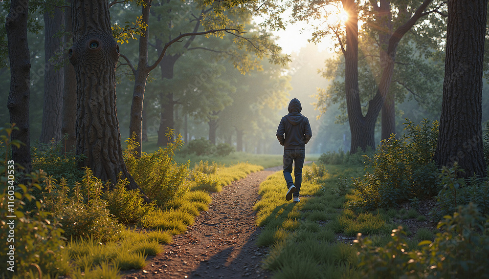 Fototapeta premium Solitary man walking on a forest path during sunrise, embracing solitude
