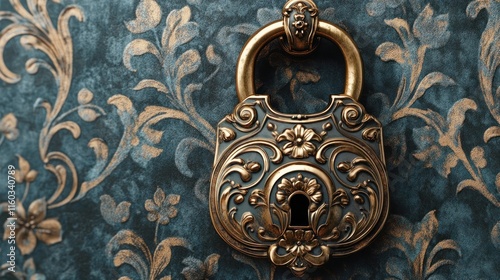 A decorative vintage lock with an ornate floral pattern on a seamless white surface.