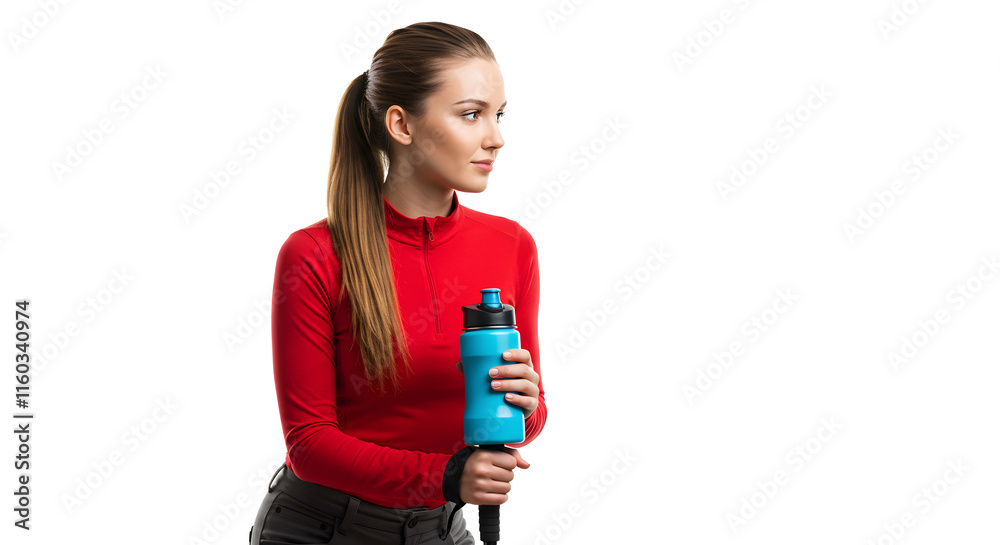 Woman Red Sportswear Holding Blue Water Bottle White Background Woman Red Sportswear Holding Blue Water Bottle White Background