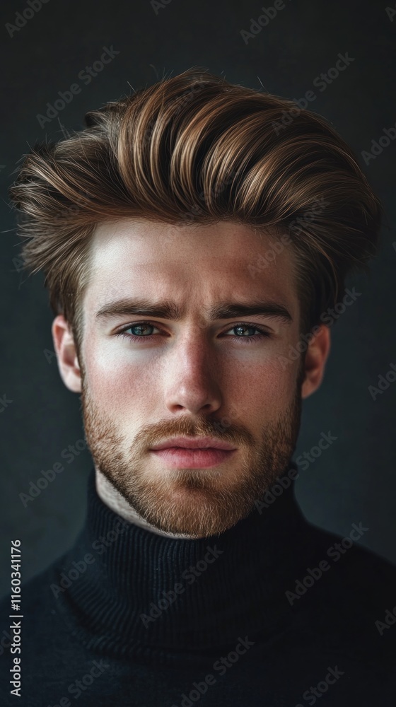 Obraz premium A stylish men's hairstyle banner with a brushed-up, voluminous look, captured in 4K with lighting that highlights the height and fullness of the hair